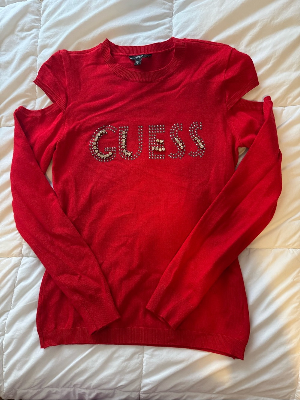 GUESS Red Crystal-Logo Cold-Shoulder Sweater